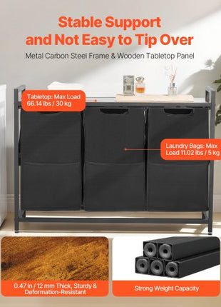 3 Section Laundry Sorter, Large Laundry Hamper with Metal Frame and Wooden Tabletop, Freestanding Storage Organizer Baskets with Pull-Out 600D Oxford Cloth Bags for Dirty Clothes, Bathroom