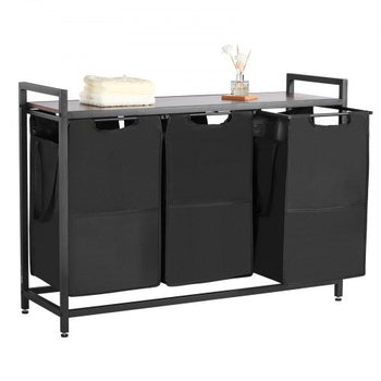 3 Section Laundry Sorter, Large Laundry Hamper with Metal Frame and Wooden Tabletop, Freestanding Storage Organizer Baskets with Pull-Out 600D Oxford Cloth Bags for Dirty Clothes, Bathroom