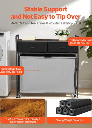 3 Section Laundry Sorter, Rolling Laundry Hamper with 2 Drawers, Hooks & Wheels, Rolling Basket Organizer Storage with Pull-Out Rolling Bags and Wooden Tabletop for Dirty Clothes, Bathroom