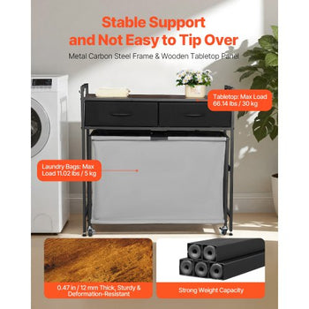 3 Section Laundry Sorter, Rolling Laundry Hamper with 2 Drawers, Hooks & Wheels, Rolling Basket Organizer Storage with Pull-Out Rolling Bags and Wooden Tabletop for Dirty Clothes, Bathroom