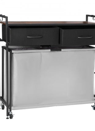 3 Section Laundry Sorter, Rolling Laundry Hamper with 2 Drawers, Hooks & Wheels, Rolling Basket Organizer Storage with Pull-Out Rolling Bags and Wooden Tabletop for Dirty Clothes, Bathroom