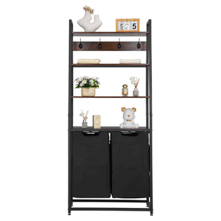 4 Tiers Laundry Sorter, Tall Laundry Hamper with Shelves and Hooks, 2 Section Freestanding Basket Organizer Storage with 600D Oxford Cloth Bags and Ladder Shelves for Dirty Clothes, Bathroom