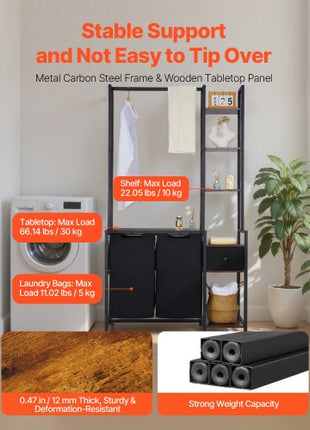 3 Tiers Laundry Sorter with Rack, Tall Laundry Hamper with Shelves and Drawers, 2 Section Freestanding Hanging Rack Storage with 600D Oxford Cloth Bags and Ladder Shelves for Dirty Clothes