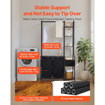 3 Tiers Laundry Sorter with Rack, Tall Laundry Hamper with Shelves and Drawers, 2 Section Freestanding Hanging Rack Storage with 600D Oxford Cloth Bags and Ladder Shelves for Dirty Clothes