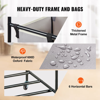 Heavy-duty black metal frame with waterproof gray 600D Oxford fabric bags and six horizontal bars for sturdy storage.