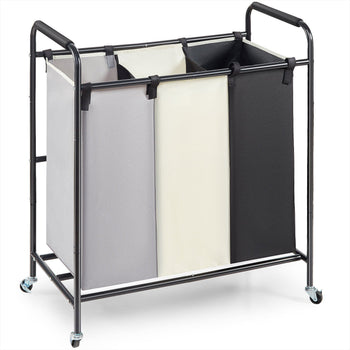 Three-section laundry sorter in black, gray, and cream canvas, featuring a sturdy metal frame and rolling wheels.