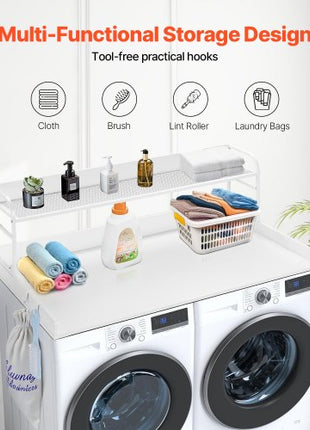 Washer Dryer Countertop with 2-Tier Shelf, 54" x 27" Wooden Washer and Dryer Countertop with Anti-Slip Pads, Water-Resistant Laundry Topper Cover for Laundry Room Organization and Storage, White