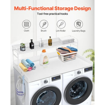 Washer Dryer Countertop with 2-Tier Shelf, 54" x 27" Wooden Washer and Dryer Countertop with Anti-Slip Pads, Water-Resistant Laundry Topper Cover for Laundry Room Organization and Storage, White