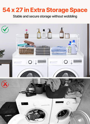 Washer Dryer Countertop with 2-Tier Shelf, 54" x 27" Wooden Washer and Dryer Countertop with Anti-Slip Pads, Water-Resistant Laundry Topper Cover for Laundry Room Organization and Storage, White