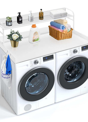 Washer Dryer Countertop with 2-Tier Shelf, 54" x 27" Wooden Washer and Dryer Countertop with Anti-Slip Pads, Water-Resistant Laundry Topper Cover for Laundry Room Organization and Storage, White