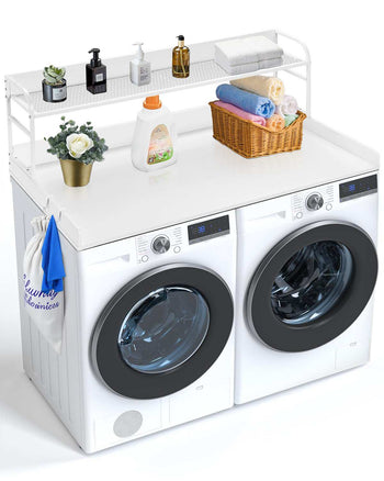 Washer Dryer Countertop with 2-Tier Shelf, 54" x 27" Wooden Washer and Dryer Countertop with Anti-Slip Pads, Water-Resistant Laundry Topper Cover for Laundry Room Organization and Storage, White