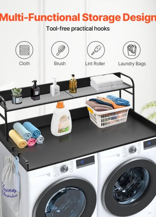 Washer Dryer Countertop with 2-Tier Shelf, 54" x 27" Wooden Washer and Dryer Countertop with Anti-Slip Pads, Water-Resistant Laundry Topper Cover for Laundry Room Organization and Storage, Black