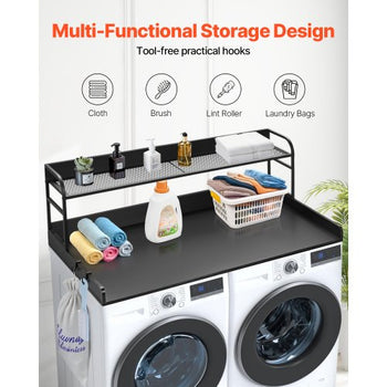 Washer Dryer Countertop with 2-Tier Shelf, 54" x 27" Wooden Washer and Dryer Countertop with Anti-Slip Pads, Water-Resistant Laundry Topper Cover for Laundry Room Organization and Storage, Black