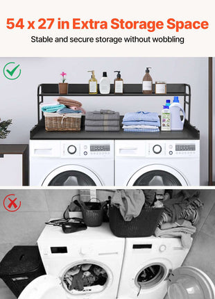 Washer Dryer Countertop with 2-Tier Shelf, 54" x 27" Wooden Washer and Dryer Countertop with Anti-Slip Pads, Water-Resistant Laundry Topper Cover for Laundry Room Organization and Storage, Black