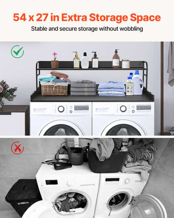 Washer Dryer Countertop with 2-Tier Shelf, 54" x 27" Wooden Washer and Dryer Countertop with Anti-Slip Pads, Water-Resistant Laundry Topper Cover for Laundry Room Organization and Storage, Black