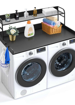 Washer Dryer Countertop with 2-Tier Shelf, 54" x 27" Wooden Washer and Dryer Countertop with Anti-Slip Pads, Water-Resistant Laundry Topper Cover for Laundry Room Organization and Storage, Black