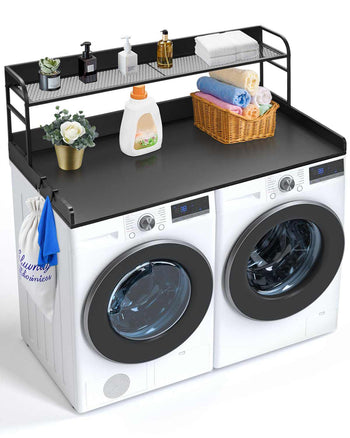 Washer Dryer Countertop with 2-Tier Shelf, 54" x 27" Wooden Washer and Dryer Countertop with Anti-Slip Pads, Water-Resistant Laundry Topper Cover for Laundry Room Organization and Storage, Black