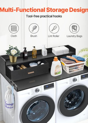 2 Drawers Washer Dryer Countertop with 2-Tier Shelf, 54" x 27" Wooden Washer and Dryer Countertop with Non-Slip Pads, Water-Resistant Laundry Topper for Laundry Room Organization, Black