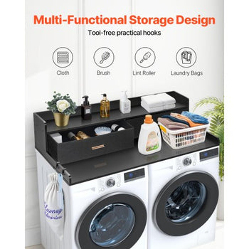 2 Drawers Washer Dryer Countertop with 2-Tier Shelf, 54" x 27" Wooden Washer and Dryer Countertop with Non-Slip Pads, Water-Resistant Laundry Topper for Laundry Room Organization, Black