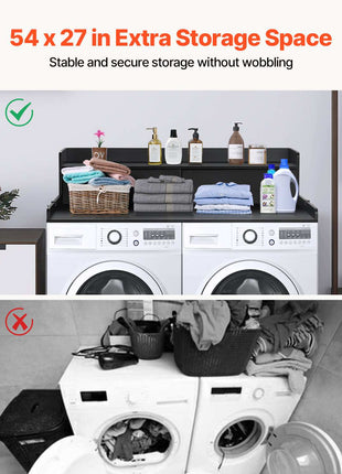 2 Drawers Washer Dryer Countertop with 2-Tier Shelf, 54" x 27" Wooden Washer and Dryer Countertop with Non-Slip Pads, Water-Resistant Laundry Topper for Laundry Room Organization, Black