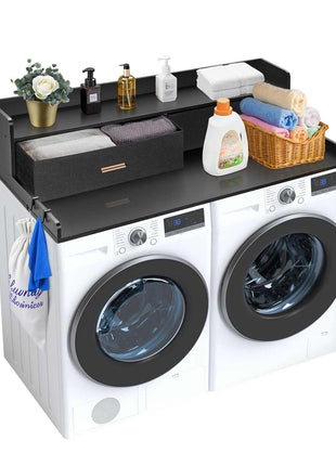 2 Drawers Washer Dryer Countertop with 2-Tier Shelf, 54" x 27" Wooden Washer and Dryer Countertop with Non-Slip Pads, Water-Resistant Laundry Topper for Laundry Room Organization, Black