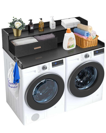 2 Drawers Washer Dryer Countertop with 2-Tier Shelf, 54" x 27" Wooden Washer and Dryer Countertop with Non-Slip Pads, Water-Resistant Laundry Topper for Laundry Room Organization, Black