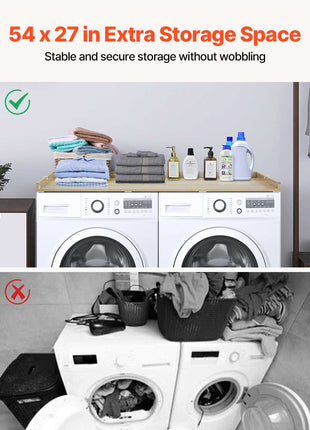 Washer Dryer Countertop, 54" x 27" Wooden Washer and Dryer Countertop, Water-Resistant Laundry Machine Topper Cover with Anti-Slip Pads, for Laundry Room Organization and Storage, Oak