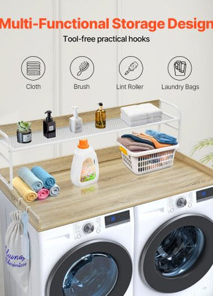 Washer Dryer Countertop with 2-Tier Shelf, 54" x 27" Wooden Washer and Dryer Countertop with Anti-Slip Pads, Water-Resistant Laundry Topper Cover for Laundry Room Organization and Storage, Oak