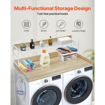 Washer Dryer Countertop with 2-Tier Shelf, 54" x 27" Wooden Washer and Dryer Countertop with Anti-Slip Pads, Water-Resistant Laundry Topper Cover for Laundry Room Organization and Storage, Oak