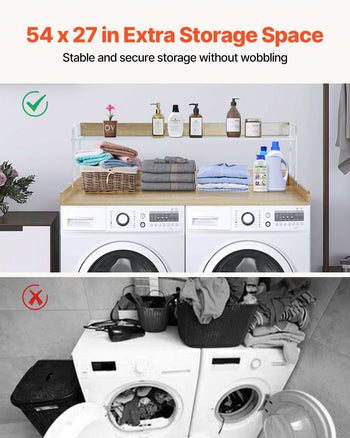Washer Dryer Countertop with 2-Tier Shelf, 54" x 27" Wooden Washer and Dryer Countertop with Anti-Slip Pads, Water-Resistant Laundry Topper Cover for Laundry Room Organization and Storage, Oak
