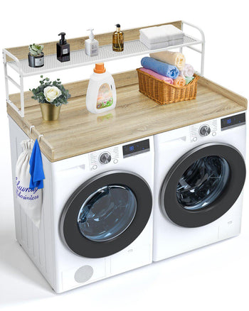 Washer Dryer Countertop with 2-Tier Shelf, 54" x 27" Wooden Washer and Dryer Countertop with Anti-Slip Pads, Water-Resistant Laundry Topper Cover for Laundry Room Organization and Storage, Oak