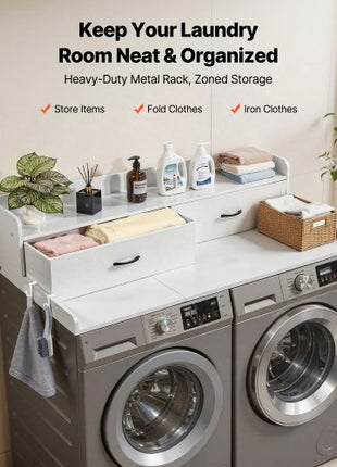 Washer Dryer Countertop with Shelf, 54 x 27.5 in Wooden Washer and Dryer Topper with 2 Drawers & 2 Hooks, Laundry Machine Topper for Laundry Closet Pantry Counter Organization and Storage, White