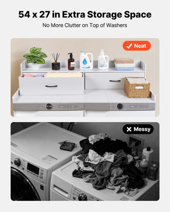 Washer Dryer Countertop with Shelf, 54 x 27.5 in Wooden Washer and Dryer Topper with 2 Drawers & 2 Hooks, Laundry Machine Topper for Laundry Closet Pantry Counter Organization and Storage, White