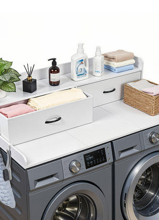 Washer Dryer Countertop with Shelf, 54 x 27.5 in Wooden Washer and Dryer Topper with 2 Drawers & 2 Hooks, Laundry Machine Topper for Laundry Closet Pantry Counter Organization and Storage, White