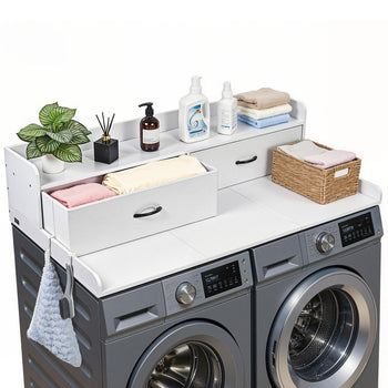 Washer Dryer Countertop with Shelf, 54 x 27.5 in Wooden Washer and Dryer Topper with 2 Drawers & 2 Hooks, Laundry Machine Topper for Laundry Closet Pantry Counter Organization and Storage, White