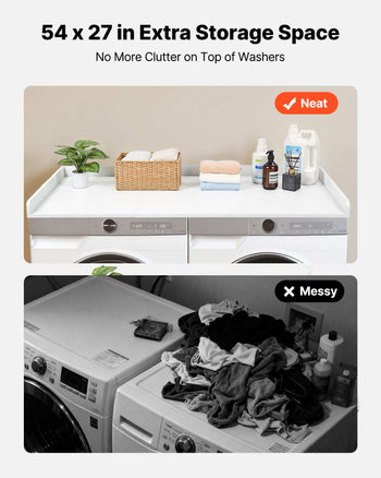 Washer Dryer Countertop, 54 x 27.5 in Wooden Washer and Dryer Topper with Edge & 2 Hooks, Water-Resistant Laundry Machine Topper for Laundry Closet Pantry Counter Organization and Storage, White