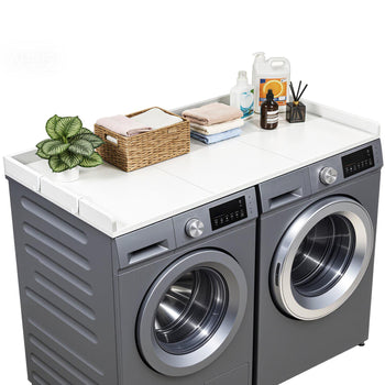 Washer Dryer Countertop, 54 x 27.5 in Wooden Washer and Dryer Topper with Edge & 2 Hooks, Water-Resistant Laundry Machine Topper for Laundry Closet Pantry Counter Organization and Storage, White