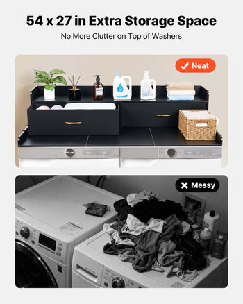 Washer Dryer Countertop with Shelf, 54 x 27.5 in Wooden Washer and Dryer Topper with 2 Drawers & 2 Hooks, Laundry Machine Topper for Laundry Closet Pantry Counter Organization and Storage, Black