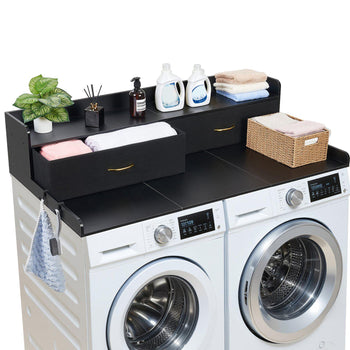 Washer Dryer Countertop with Shelf, 54 x 27.5 in Wooden Washer and Dryer Topper with 2 Drawers & 2 Hooks, Laundry Machine Topper for Laundry Closet Pantry Counter Organization and Storage, Black