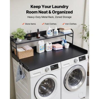 Washer Dryer Countertop with Shelf, 54 x 27.5 in Wooden Washer and Dryer Topper with Edge and 2 Hooks, Laundry Machine Topper for Laundry Closet Pantry Counter Organization and Storage, Black