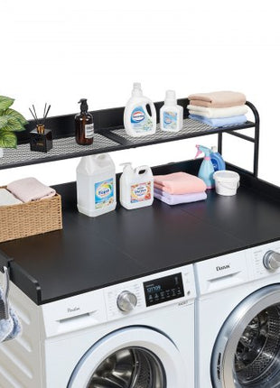 Washer Dryer Countertop with Shelf, 54 x 27.5 in Wooden Washer and Dryer Topper with Edge and 2 Hooks, Laundry Machine Topper for Laundry Closet Pantry Counter Organization and Storage, Black