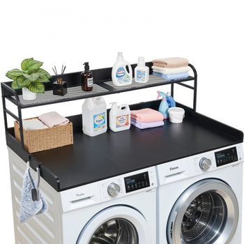 Washer Dryer Countertop with Shelf, 54 x 27.5 in Wooden Washer and Dryer Topper with Edge and 2 Hooks, Laundry Machine Topper for Laundry Closet Pantry Counter Organization and Storage, Black