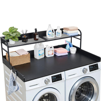 Washer Dryer Countertop with Shelf, 54 x 27.5 in Wooden Washer and Dryer Topper with Edge and 2 Hooks, Laundry Machine Topper for Laundry Closet Pantry Counter Organization and Storage, Black