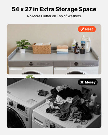 Washer Dryer Countertop, 54 x 27.5 in Wooden Washer and Dryer Topper with Edge & 2 Hooks, Water-Resistant Laundry Machine Topper for Laundry Closet Pantry Counter Organization and Storage, Gray