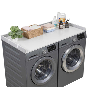 Washer Dryer Countertop, 54 x 27.5 in Wooden Washer and Dryer Topper with Edge & 2 Hooks, Water-Resistant Laundry Machine Topper for Laundry Closet Pantry Counter Organization and Storage, Gray