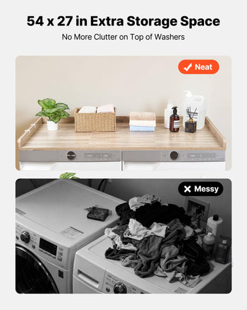 Washer Dryer Countertop, 54 x 27.5 in Wooden Washer and Dryer Topper with Edge & 2 Hooks, Water-Resistant Laundry Machine Topper for Laundry Closet Pantry Counter Organization and Storage, Oak