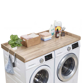 Washer Dryer Countertop, 54 x 27.5 in Wooden Washer and Dryer Topper with Edge & 2 Hooks, Water-Resistant Laundry Machine Topper for Laundry Closet Pantry Counter Organization and Storage, Oak