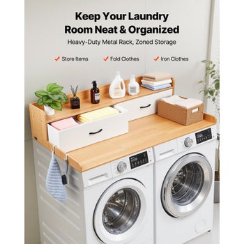 Washer Dryer Countertop with Shelf, 54 x 27.5 in Wooden Washer and Dryer Topper with 2 Drawers & 2 Hooks, Laundry Machine Topper for Laundry Closet Pantry Counter Organization and Storage, Burlywood