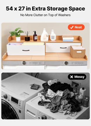 Washer Dryer Countertop with Shelf, 54 x 27.5 in Wooden Washer and Dryer Topper with 2 Drawers & 2 Hooks, Laundry Machine Topper for Laundry Closet Pantry Counter Organization and Storage, Burlywood