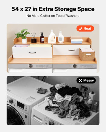 Washer Dryer Countertop with Shelf, 54 x 27.5 in Wooden Washer and Dryer Topper with 2 Drawers & 2 Hooks, Laundry Machine Topper for Laundry Closet Pantry Counter Organization and Storage, Burlywood
